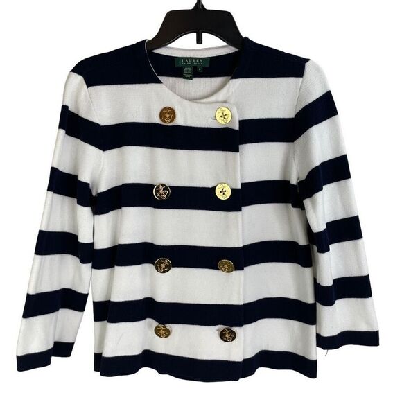 Lauren Ralph Lauren Blue White Nautical Button Front Knitted Cardigan Size M - Picture 2 of 8